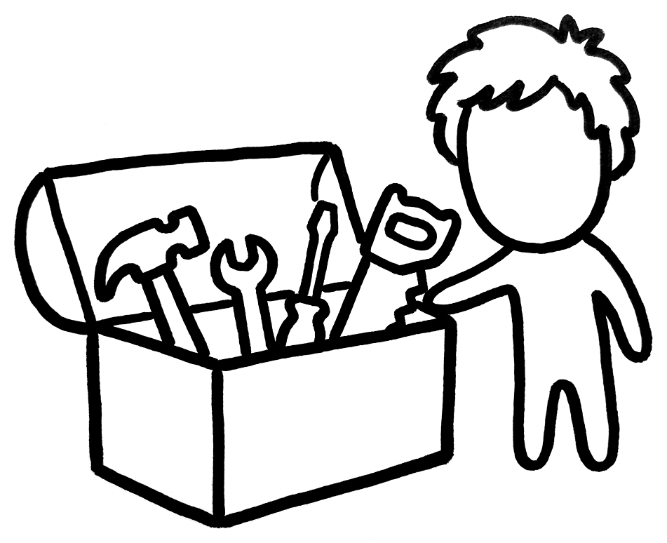 A figure reaching into an open toolbox holding a hammer, spanner, screwdriver and saw