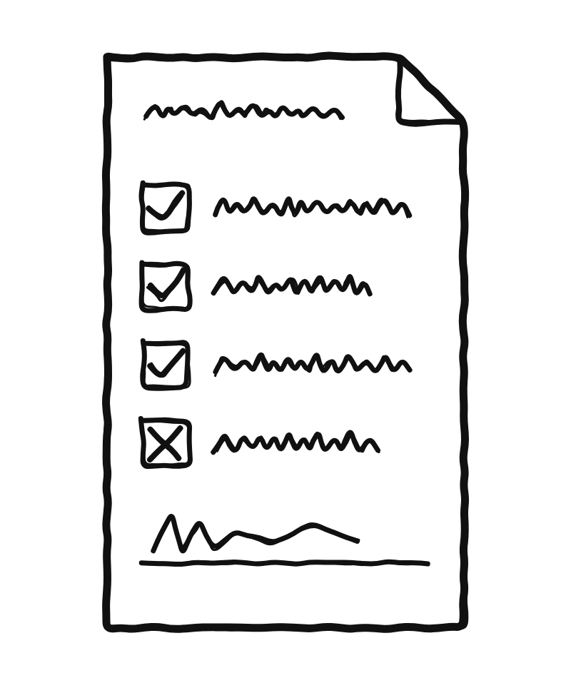 A hand-drawn contract page with ticked and crossed scope lines and a signature